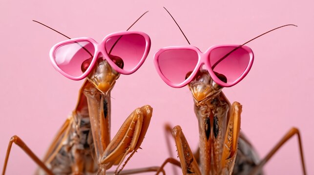 Two praying mantises wear pink sunglasses. They stand side by side on a soft pink background. Their antennae and legs are detailed and realistic. Their expression appears calm and confident