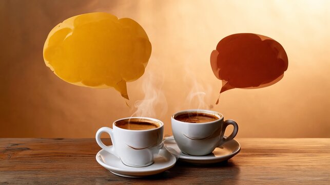 Warm steam rises from two steaming coffee cups. Colorful speech bubbles float above each cup. Soft golden light illuminates the wooden surface