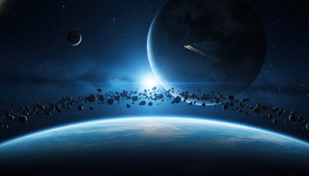 Earth rising through asteroid field with moons and comet