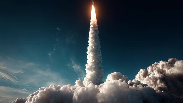 Rocket flying into the sky after launch, exhaust flames, daylight cinematic view from onboard camera looking down