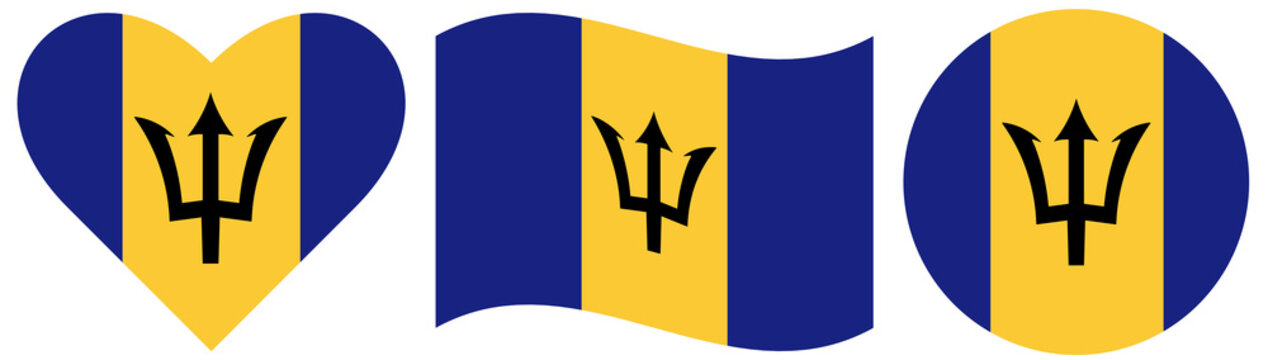 Barbados flags set. Flag of Barbados in heart shape isolated. Black trident sticker.Barbados national symbol. Round flag of Barbados isolate in circle shape.Waving flag of Barbados.