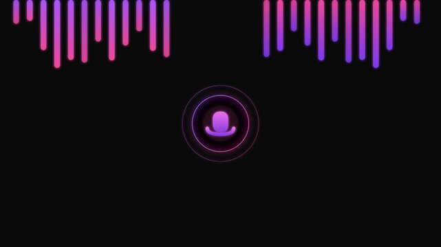 Sleek minimalist voice recognition concept with a central glowing microphone icon and vibrant sound frequency displays on a dark background for digital interfaces