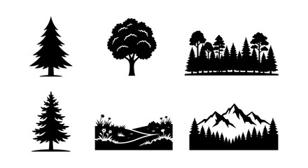 Forest and Mountain Silhouettes, Nature Landscape Icons, Evergreen and Deciduous Trees, Vector Elements for Outdoor Themes © Abid