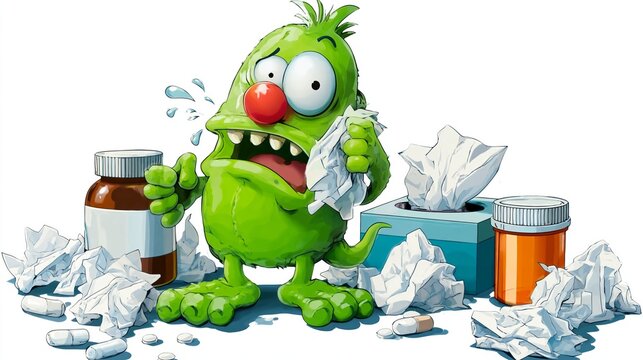 Green monster holds tissue, looking distressed. Surrounding bottles and crumpled paper suggest illness. Cartoon creature shows exaggerated discomfort, eyes wide. Perfect for health, wellness