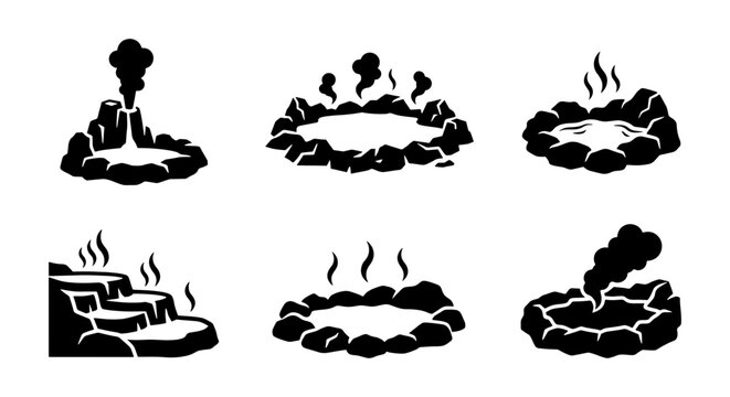 Hot Spring Icons, Geothermal Pools, Volcanic Vents, Natural Spa Elements, Relaxation & Wellness Vector Set