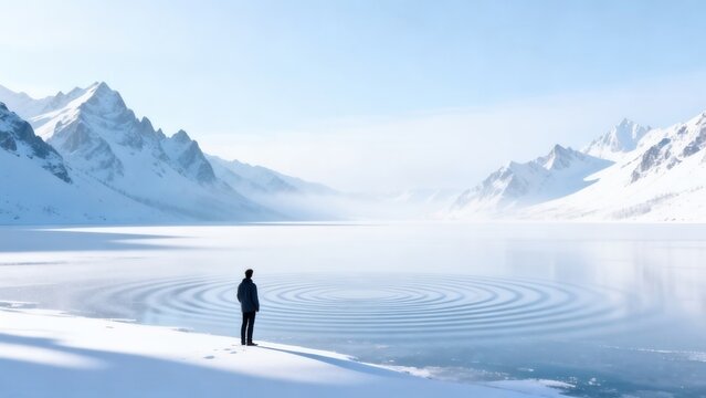 Person standing by frozen lake with mountains