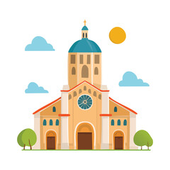 Fototapeta premium Cartoon church illustration with blue dome sun clouds and trees on white background