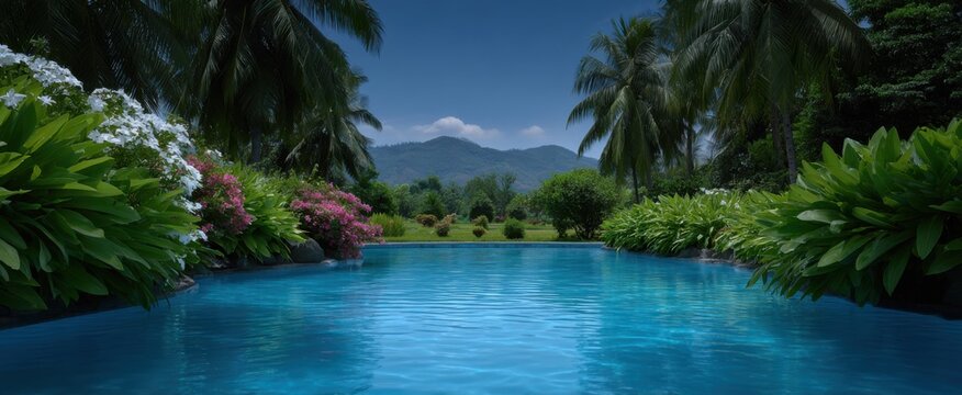 Pemandangan kolam renang ceria dikelilingi pelampung biru-hijau dan hijauan tropis segar.