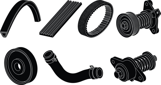 Professional Automotive Engine Belt Drive and Cooling System Icon Set Featuring Timing Belt, V-Belt, Tensioner Pulley, and Radiator Hose for Car Repair Service Designs