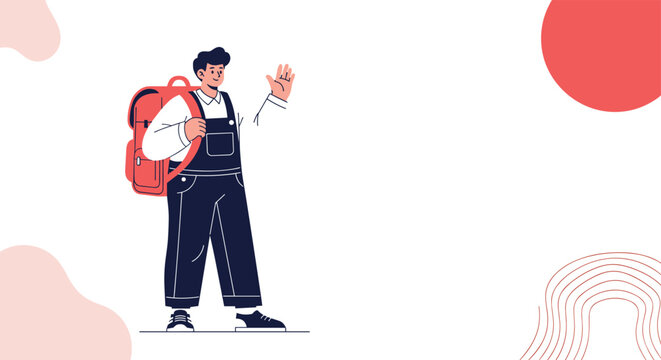 Happy school boy wearing denim overalls and a red backpack waving goodbye while standing against a clean background with abstract shapes.
