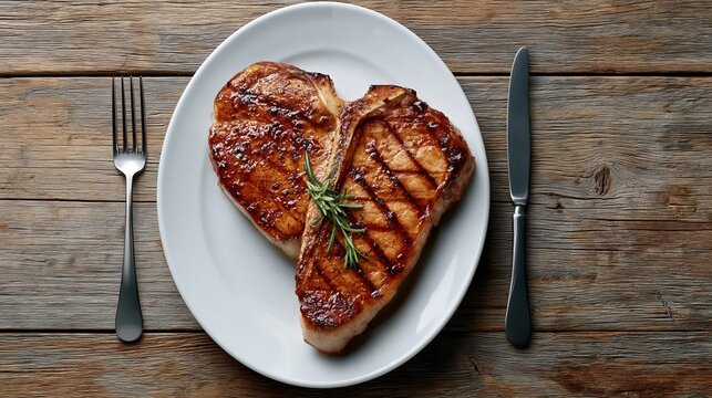 Grilled pork steaks glisten with caramelized juices. Fresh rosemary garnish adds aromatic flair. White plate contrasts rustic wooden table. Silver fork and knife sit neatly beside