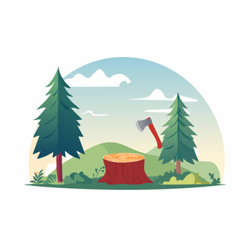 Tree stump and axe in a forest landscape
