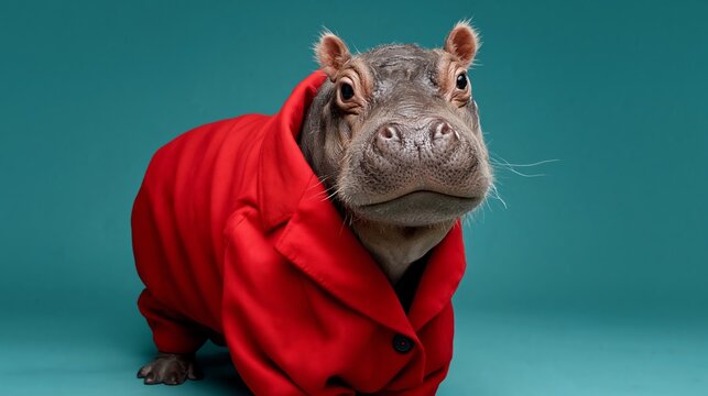 Tiny hippo wears vibrant red coat, eyes wide and curious. Soft fur contrasts bold color against teal backdrop. Cute, playful pose captures innocence and charm. Ideal for whimsical, child-friendly