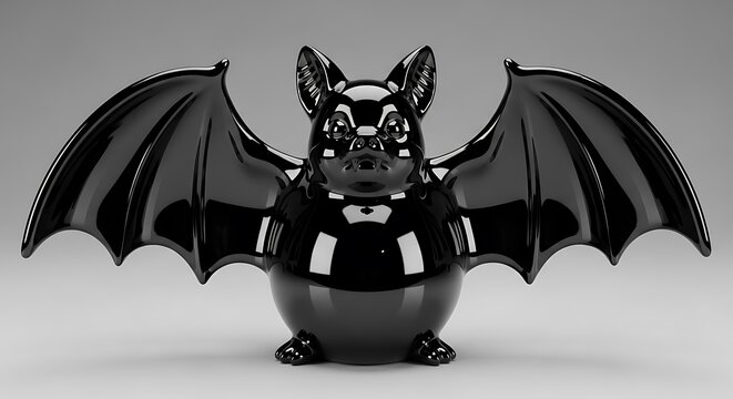 Glossy black stylized animal figurine with widespread wings poses centrally against a neutral background