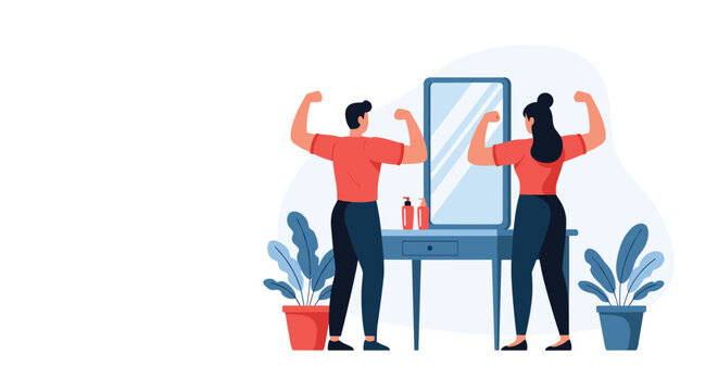 Fit couple stands in front of a vanity mirror flexing their arm muscles, showcasing their progress in fitness and bodybuilding together.