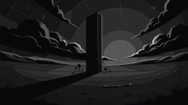 Minimalist landscape illustration featuring a large black monolith structure standing in a vast empty field under a night sky.