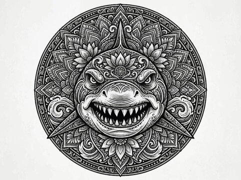 Intricate Mandala Art Fierce Shark Face with Sacred Geometry and Floral Elements, a Captivating Alevidhanu Design