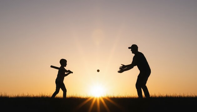 Father and child playing catch at sunset on a grassy field