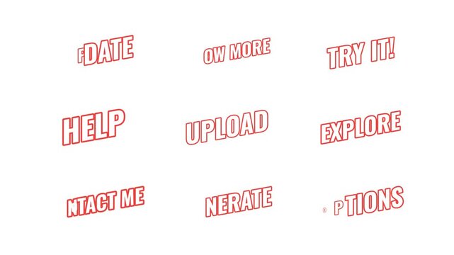 Call to action energetic tilted outline text animation set. Update upload options. Contact me. Know more on web. Bold orange slanted CTA typography in dynamic motion. Expressive overlays collection