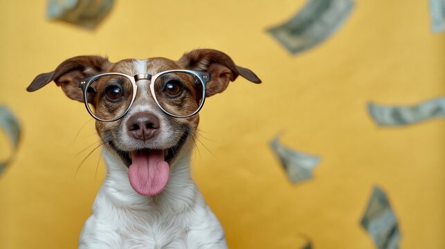 Adorable dog wears stylish glasses, tongue out. Yellow background shows falling dollar bills. Playful expression suggests joyful financial success. Perfect for business, humor
