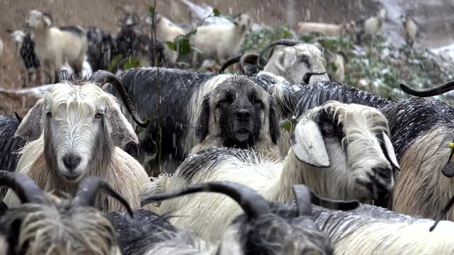 Snow falls as a shepherd dog stands alert among a goat herd in rugged Pakistan mountains. Heavy snowfall highlights guarded livestock, mountain herding, and resilient rural life.
