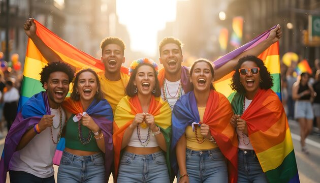 Diverse group of friends in the lgbtq community celebrating together at a pride parade summer festival for a social inclusion and equality concept during sunset