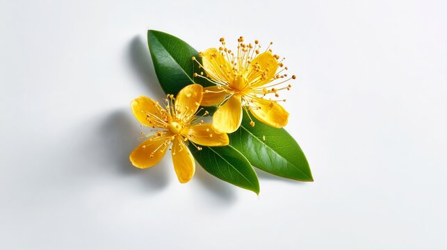 Yellow flowers bloom on glossy green leaves. Petals gleam under soft, even lighting. Background is pure white, minimalist. Perfect for nature, wellness, or botanical themes