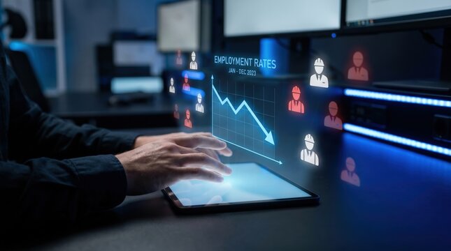 Workforce Reduction and Economic Crisis Concept: Hands on Tablet with Holographic Graph showing Dropping Employment Rates and Fading Worker Icons