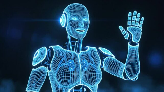 Futuristic Digital Female Robot Hologram with a Smile and Hand Up Displaying Greeting Gesture against Dark Background