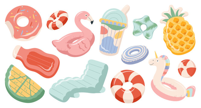 Cute summer vacation pool float collection with flamingo, unicorn, donut, pineapple, beach ball inflatables. Trendy vector clipart for vacation design, pool party decor and leisure items stickers