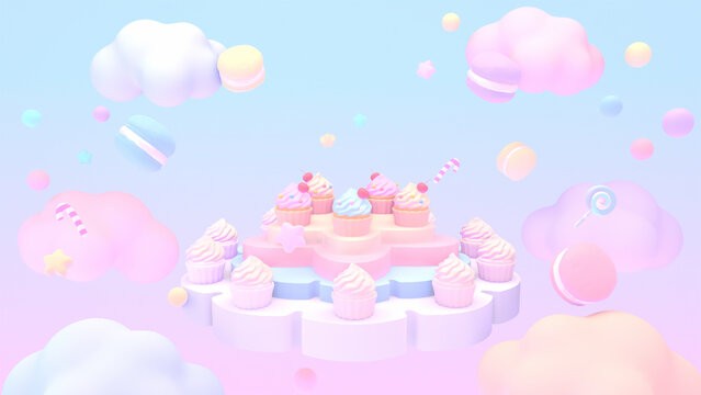 3D render of a cute floating stage with cupcakes, surrounded by macarons, candy canes, stars, and clouds in the sky.