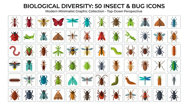 Insect Icons Flat Vector Set of 50 Bugs and Insects Collection