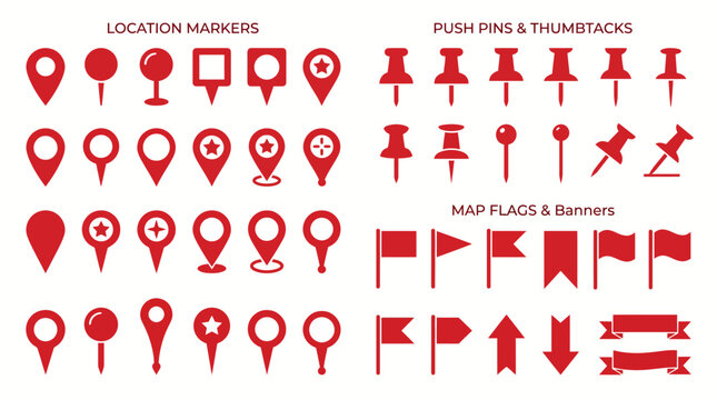 Map Icons and Location Elements Including Markers Push Pins Flags and Banners
