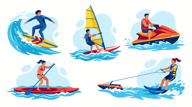 Water Sports Vector Set with Windsurfing Surfing and Wakeboarding 71 90