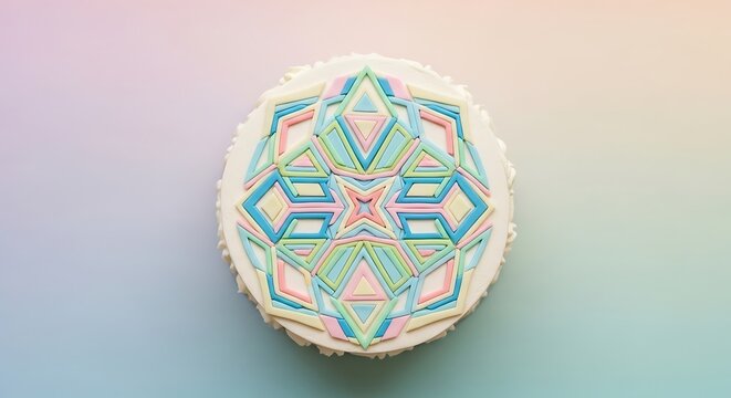White cake with pastel geometric mandala design on colorful gradient background.