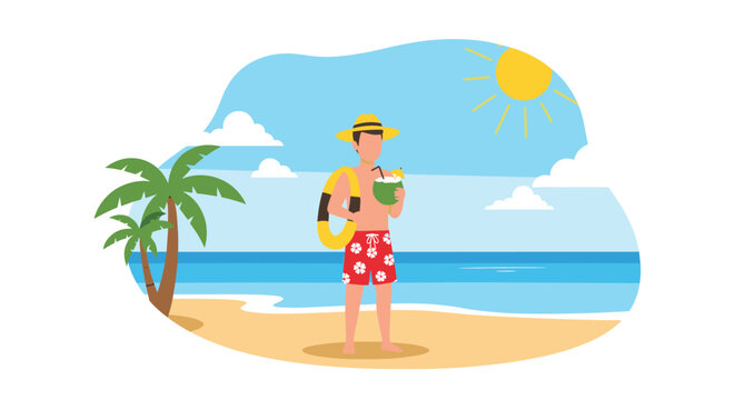 Relaxed man wearing floral swim trunks and a straw hat holding a coconut cocktail while standing on a tropical sandy beach.