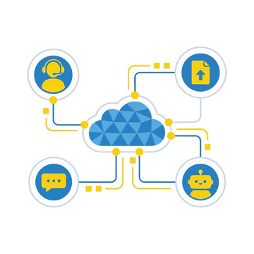Secure Communication Network, Cloud Hub Connected To Lock Chat And Bot Nodes, Clean Style, AI Automation Icons, Isolated Vector Illustration