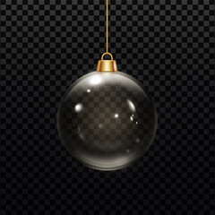 Fototapeta premium Christmas ball hanging on gold ribbon, vector realistic transparent 3D glass ball with glares, volume crystal decoration