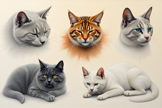 Five hyperrealistic cats emerging from mist, combining different artistic styles