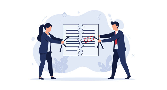 Businessman and businesswoman in professional suits tearing a large document with a red graph in half to end an agreement.