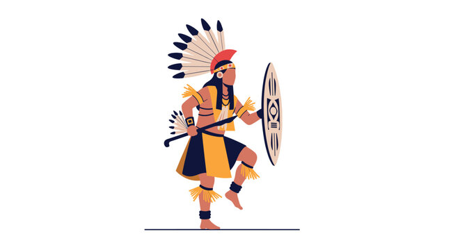 Native American warrior in traditional feathered headdress and yellow dress holding a shield and spear in a dancing pose.