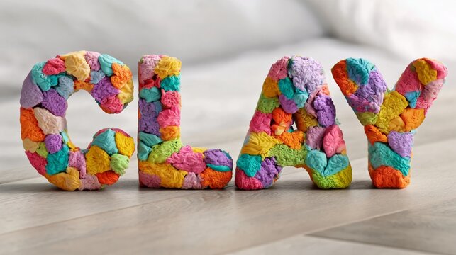 Vibrant clay letters spell out "CLAY" with colorful, textured detail. Each letter features layered hues of pink, blue, orange, and purple. The words rest on a clean, light-toned wooden surface