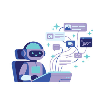 AI Writing Assistant Icon, Chat Bubbles With Robot And Sparkles, Modern Clean Style, AI Automation Icons, Isolated Vector Illustration