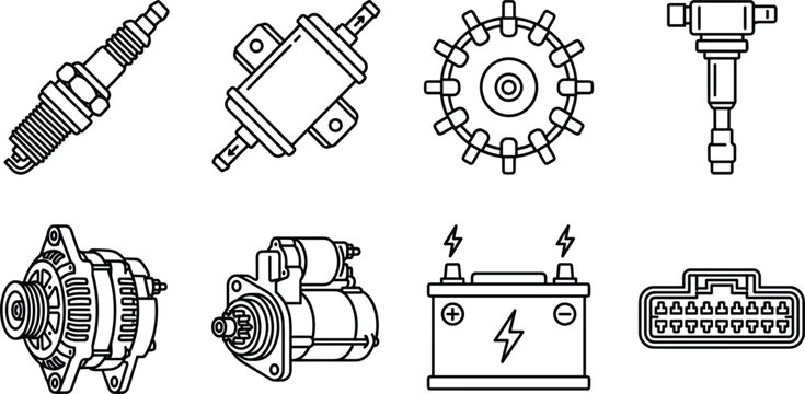 Comprehensive Automotive Electrical and Ignition System Icon Set Featuring Spark Plug, Battery, Alternator, Starter Motor, and Wiring Harness Connector for Car Repair Service Designs