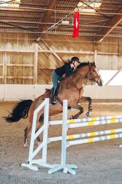 Horse and rider competing in an indoor arena, clearing a jump