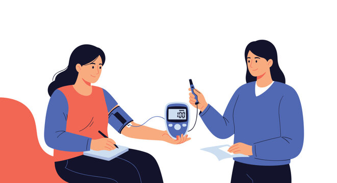 Woman in a blue sweater measuring the blood pressure of another woman using a digital monitor while she takes notes.