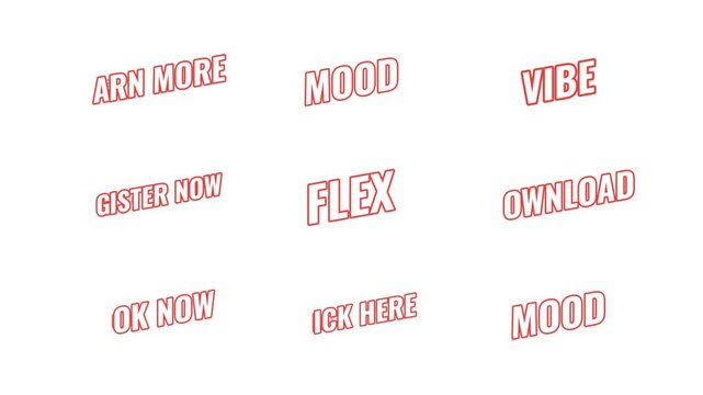 Social media energetic tilted outline text animation set. Website register now. Download click here. Slay vibe. Bold orange slanted CTA typography in dynamic motion. Expressive overlays collection