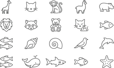 Animal and Marine Outline Icon Collection Featuring Giraffe, Lion, Monkey, Cat, Fish, Dolphin, Whale, Shark, Starfish, and Wildlife Symbols for Nature and Digital Designs. © Shukimon