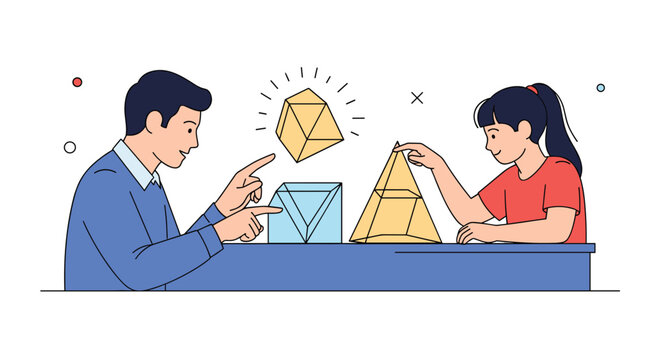 Male teacher explains geometric concepts to a young schoolgirl as they interact with various three dimensional shapes on a blue table surface.