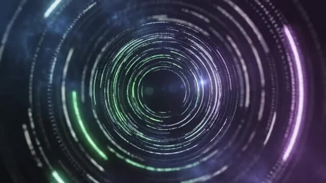 Futuristic abstract digital data tunnel vortex with glittering circular particles on a dark background